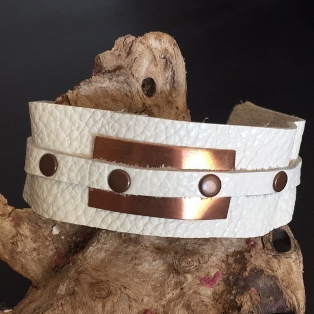 $49 SALE Handmade Soft White Leather Copper Bracelet Coastal Street Unisex Gift